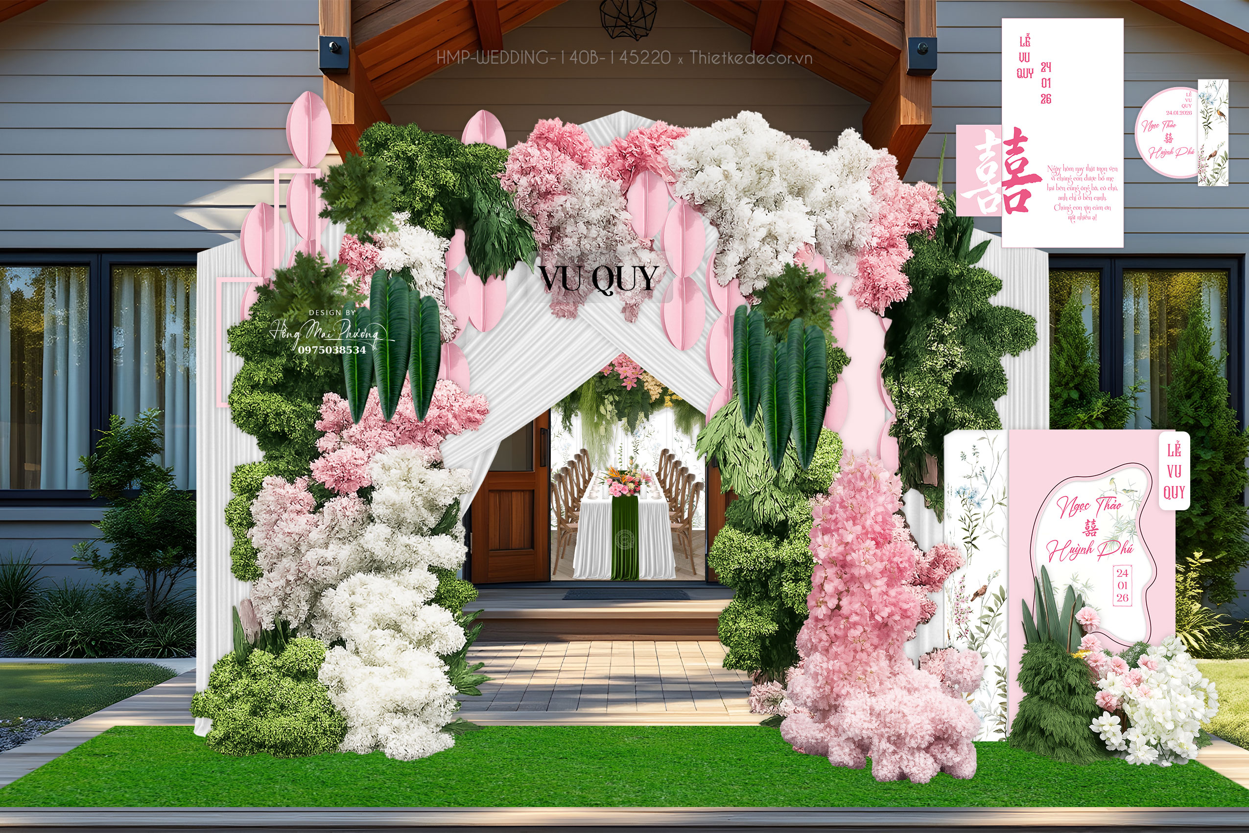 File thiết kế trang trí background tiệc cưới- Cổng cưới tone hồng kèm tem nước suối và tag cảm ơn